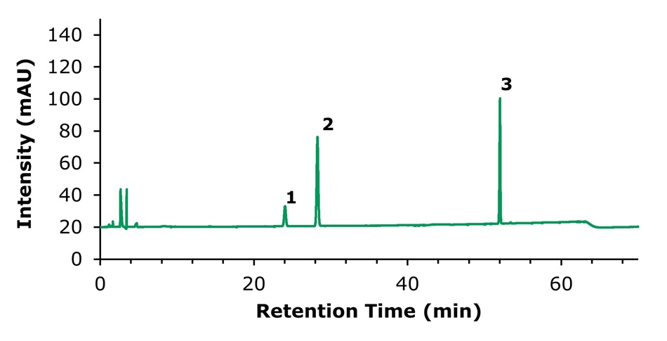 HPLC-UV chromatogram of notoginsenoside R1, ginsenoside Rg1, and ginsenoside Rb1 standard solution HPLC chromatogram of standard solution showing peaks for Notoginsenoside R1 (1, 22.99 mins), Ginsenoside Rg1 (2, 28.30 mins), and Ginsenoside Rb1 (3, 51.90 mins).