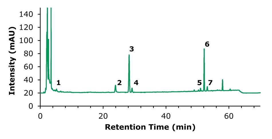 HPLC-UV chromatogram of notoginsenoside R1, ginsenoside Rg1, and ginsenoside Rb1 sample solution. HPLC chromatogram of sample solution showing peaks for Notoginsenoside R1 (2, 23.92 mins), Ginsenoside Rg1 (2, 28.27 mins), and Ginsenoside Rb1 (6, 52.16 mins).