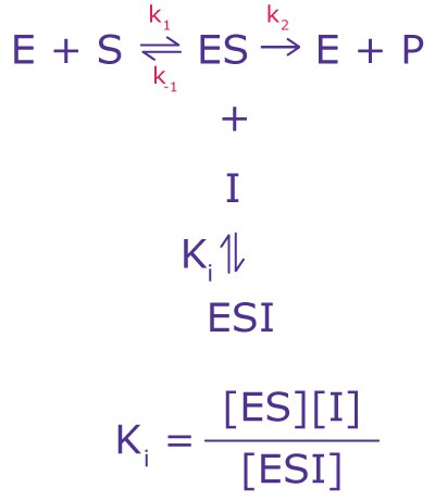 Uncompetitive Inhibition Equation The equation for uncompetitive inhibition including variables for enzymes, substrates, and the inhibition constant.