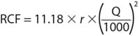 A mathematical equation showing the formula to calculate RCF (Relative Centrifugal Force) as “RCF = 11.18 x r x (Q/1000)^2"
