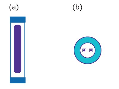 Illustration of two different types of bactericidal UV lamps. Lamp a) is a long cylindrical tube with blue caps on both ends and a purple inner core. Lamp b) is a circular lamp with a blue outer ring and two small purple dots in the center.