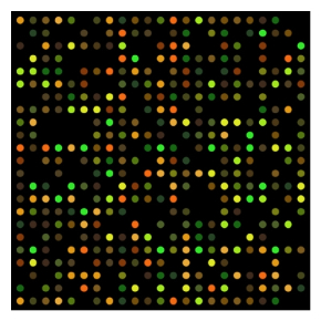 Fluorescent DNA Microarray Section of a fluorescent DNA microarray image from an experiment testing two cell types. The microarray shows various colors depending on the presence of the DNA sequence in one cell type, both cell types, or neither cell type.
