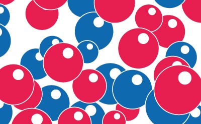 Close-up image of mixed-bed ion exchange resins, featuring red and blue spherical particles representing cation and anion exchange resins.