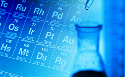 Periodic table of elements with transition metals and laboratory glassware A section of the periodic table of elements featuring transition metals including nickel, palladium, platinum and gold, overlaid with a pipette dispensing liquid and laboratory flask.