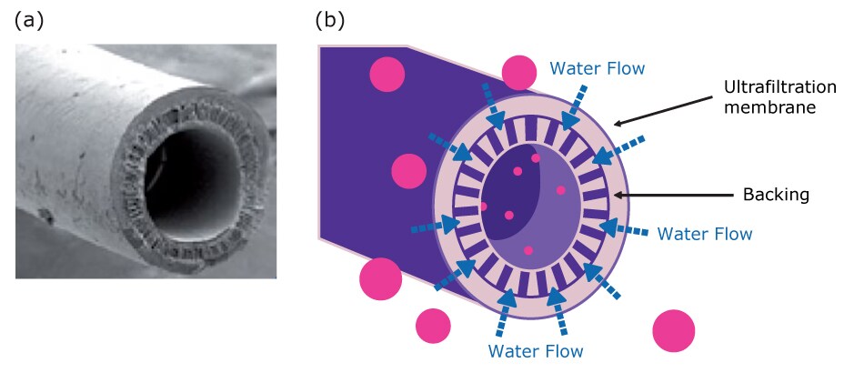 The left photo shows a close-up photograph of an ultrafiltration fiber and a diagram on the right depicts the ultrafiltration process, showing particles and molecules interacting with a membrane structure for separation.