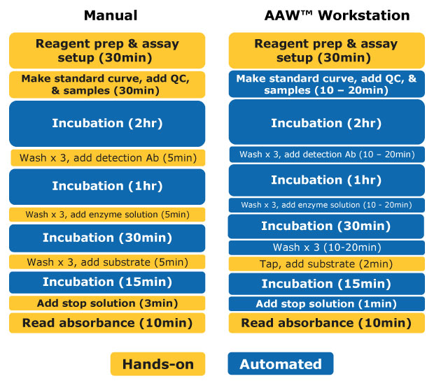 ELISA Kits: Manual Workflow vs AAW™ Automated Workflow Comparison of manual vs automated ELISA kits on the AAW™ workstation. Steps include reagent prep, assay setup, making standards, adding QCs and samples, incubating, washing and adding detection antibody, incubating, washing and adding enzyme solution, incubating, washing and adding substrate, incubating, adding stop solution, and reading absorbance. With the AAW™ workstation only the initial reagent prep/assay setup, plate tapping, adding substrate, and absorbance read need to be performed manually.
