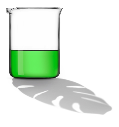 Biodegradable surfactant and detergent formulations represented by bright green liquid in a glass beaker A glass beaker with bright green liquid casts a shadow shaped like a monstera leaf, blending scientific and natural elements in a minimal scene.