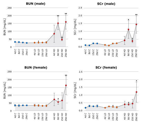 Time Course of BUN and SCr Levels in High-Dose Vancomycin Treatment Graphs showing high-dose treatment of vancomycin caused significant increases in BUN and SCr in both male and female rats. No significant changes were observed in low-dose treatment.