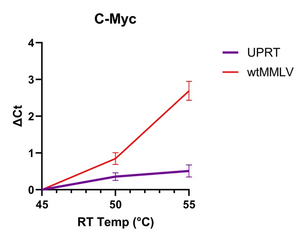 Graph showing how activity (measured in change in cycle threshold) of UPRT of C-Myc changes very little over RT temp from 45 to 55 degrees C. In contrast, Wildtype MMLV rapidly changes activity across RT temps.