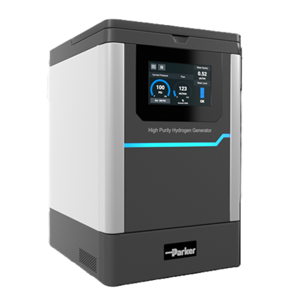Parker H2C hydrogen generator Parker high purity H2C generator featuring a front digital touchscreen showing pressure and flow parameters, designed for laboratory gas supply
