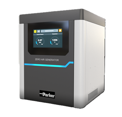 Parker ChromGas™ ZAG Generator Parker high purity ZAG generator with integrated touchscreen interface displaying system status, flow rate, and operational parameters for lab applications