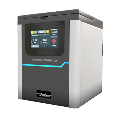 Parker H2F generator Parker H2F generator unit with front digital display showing system metrics, designed for clean air supply in analytical laboratory applications