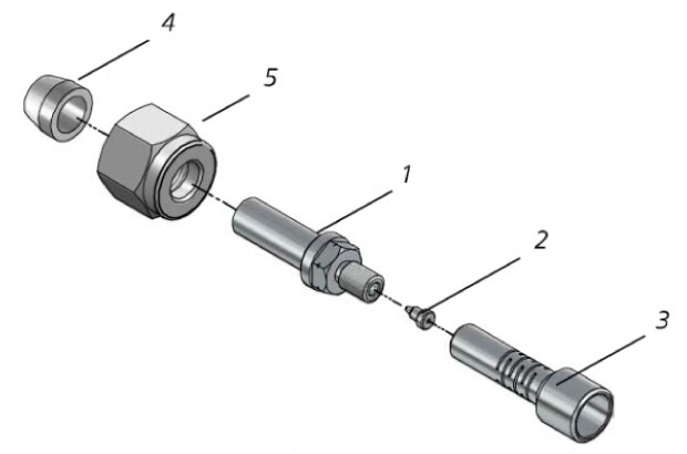 Siltite® fingertite® FID detector assembly diagram Exploded diagram of Siltite® fingertite® FID detector assembly showing adapter, ferrule, nut, and sealing components for GC systems
