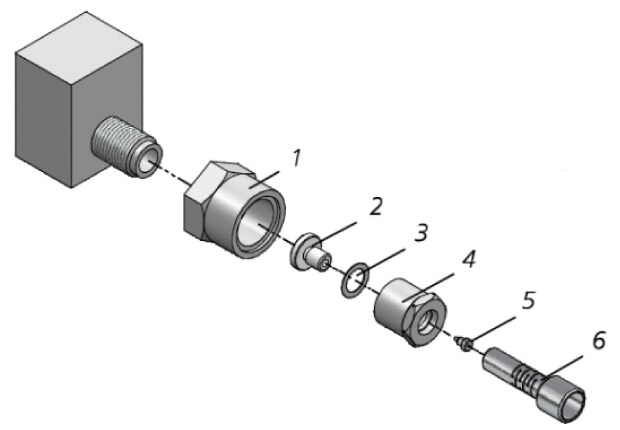 Siltite® fingertite® injection port assembly diagram Exploded diagram of Siltite® fingertite® injection port assembly showing nut, ferrule, seal, adapter, and base components for GC connection