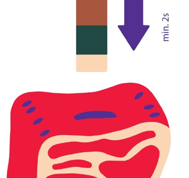 Illustration of a pH test strip being pressed onto a red meat sample for at least two seconds. Illustration of a pH test strip being pressed onto a red meat sample for at least two seconds.