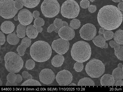The images reveal spherical particles of varying sizes, with some exhibiting a smooth surface and others showing a more textured appearance, indicating differences in material composition and structure.