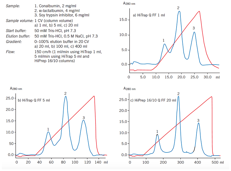 5-fold and 20-fold scale-up using prepacked Q Sepharose Fast Flow columns 5-fold and 20-fold scale-up using prepacked Q Sepharose Fast Flow columns