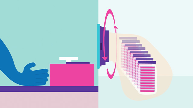 <p>IsoBag<sup>®</sup> Rapid Material Transfer Solution</p>
Illustration of a gloved hand transferring a container through a rapid material transfer system into a stack of packaged materials.
