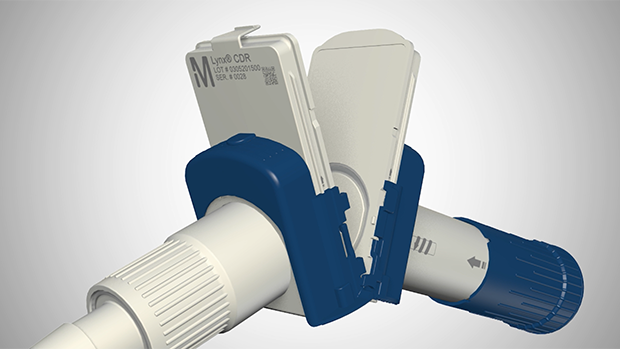 Lynx CDR Detail Animation Video Poster A 3D rendering of a laboratory device featuring a blue handle, connected to a tube.