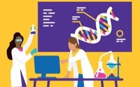 an illustration of two laboratory scientists working together in a lab setting. One scientist is holding a flask and gesturing, while the other is focused on a computer screen. In the background, a large display shows a DNA double helix and various scientific data, all set against a bright yellow backdrop.