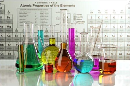 Glassware with different colored solutions