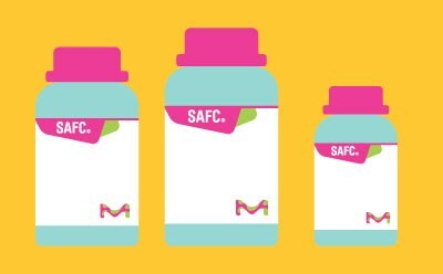 Three stylized bottles in varying sizes, featuring a bright color scheme with pink lids and a yellow background, representing the branding of our SAFC product line.