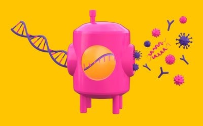 An abstract illustration of a bioreactor with a DNA helix being transformed to an mRNA strand, showing proteins, viruses and monoclonal antibodies as the output.