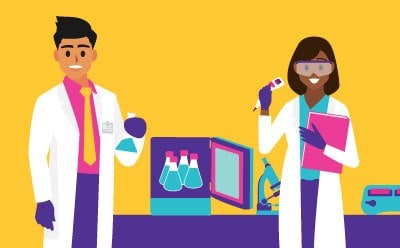 Two laboratory scientists, one holding a flask and the other using a pipette, both wearing lab coats and gloves, set against a bright yellow background with laboratory equipment in the background, symbolizing teamwork in scientific research.