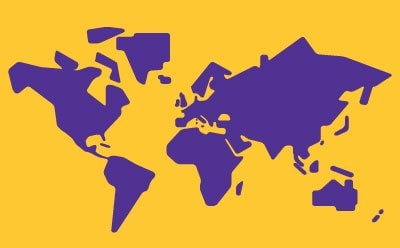A stylized illustration of a world map in purple against a bright yellow background, symbolizing global reach and connectivity.