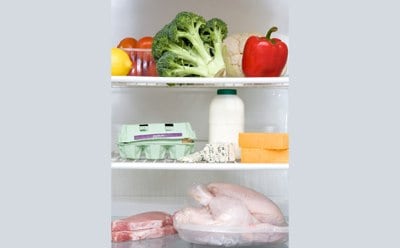 Fridge showing food and beverages (meat, poultry, dairy, eggs, fruit and vegetables) that require microbiological testing for food safety and quality 