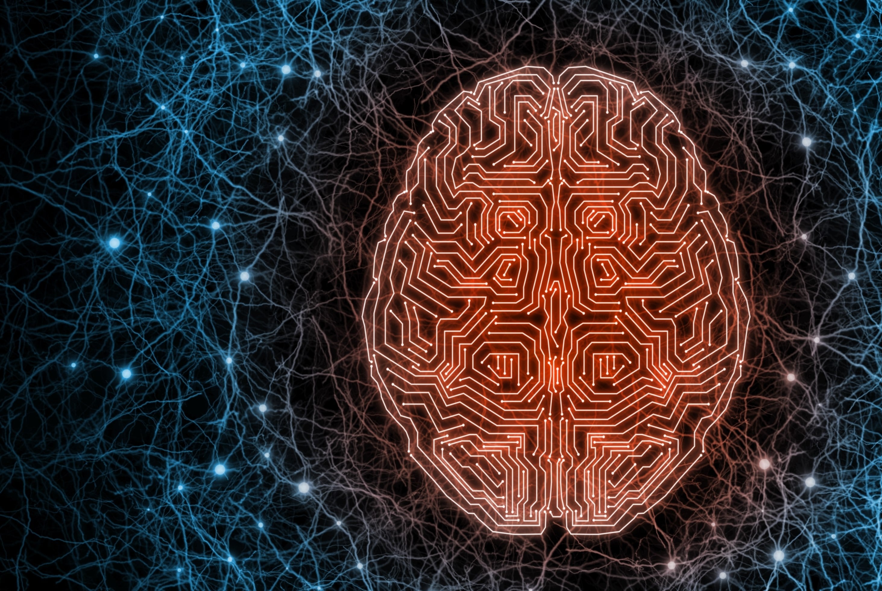 脑被描绘成由神经系统包围的电子芯片，显示了最新技术和生物有机体的结合。
