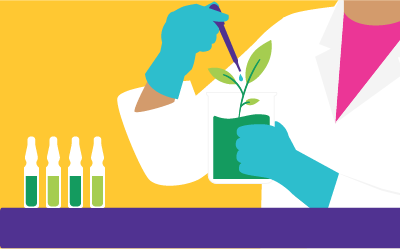 A scientist adds a drop of water to a plant growing in a beaker. To the left of the scientist are four containers filled with green liquids.