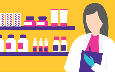A pharmacist stands in front of shelves lined with products while holding a clipboard.