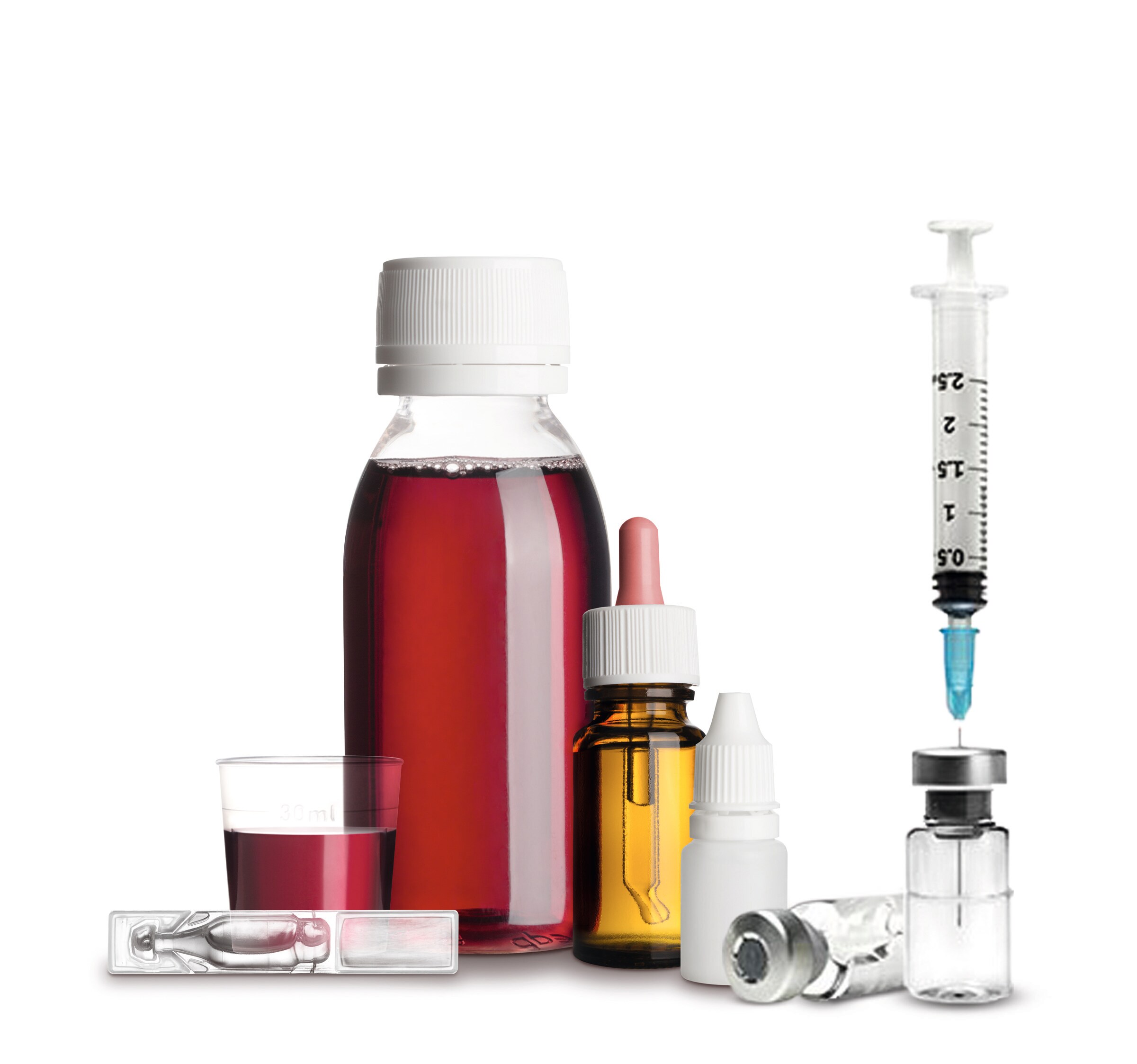 From left to right, the image shows a cup with a red liquid, a glass container of the same red liquid, a brown glass vial with a dropper for a lid, a plastic bottle of eye drops, a glass vial lying on its side, and a glass vial containing a clear liquid with a syringe inserted at the top.