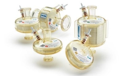 Sterile Filtration Strategies: multiple transparent, circular cell culture dishes, each connected to a syringe, for injecting or extracting liquids.