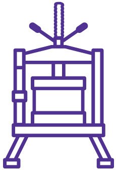 A purple line drawing of a traditional printing press, depicting quikscale® scalable family of columns