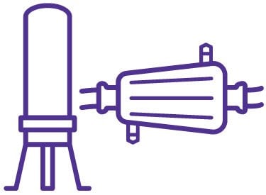 A purple line drawing of a syringe and a vaccine vial, depicting the syringe with its needle pointed upwards and the vial with a cap on top, both illustrated in a simplified style focusing on their basic shapes and structures.