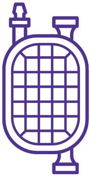 A purple outline of a gas cylinder with a grid pattern in the middle, featuring two valves at the top and a flat base.