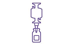 A purple outline of a chemical flask connected to a condenser, depicted against a white background.