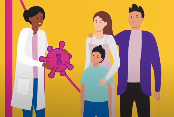 A healthcare professional in a white coat handing over a large, pink, stylized molecule to a family of three, with one adult reaching out to accept it.