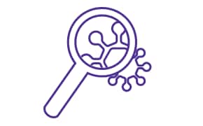 A purple line drawing of a magnifying glass focusing on a complex, branching structure, symbolizing detailed examination or analysis.