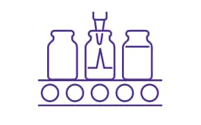 A purple line drawing of three bottles on a conveyor belt, with the middle bottle being filled by a nozzle.