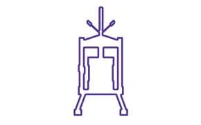 Viral Vector Downstream Processing is a purple line drawing of a minimalist robot with a rectangular body, stubby legs, and an antenna on top, set against a white background.