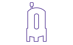 A minimalist purple line drawing of a robot with a rectangular body and a small antenna on top.