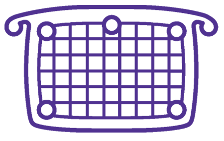 A purple line drawing of a shopping basket viewed from the front, featuring a grid pattern body with two curved handles.