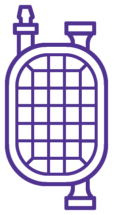 A purple outline of a gas cylinder with a grid pattern in the middle, featuring two valves at the top and a flat base.