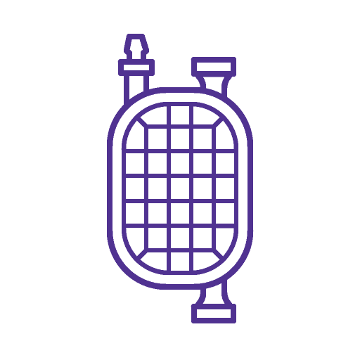 Illustration of a viral safety filter used in biopharmaceutical processes. The filter has an elongated rectangular shape with rounded corners, two connectors on the top, and grid lines indicating the filtering membrane or material inside it.