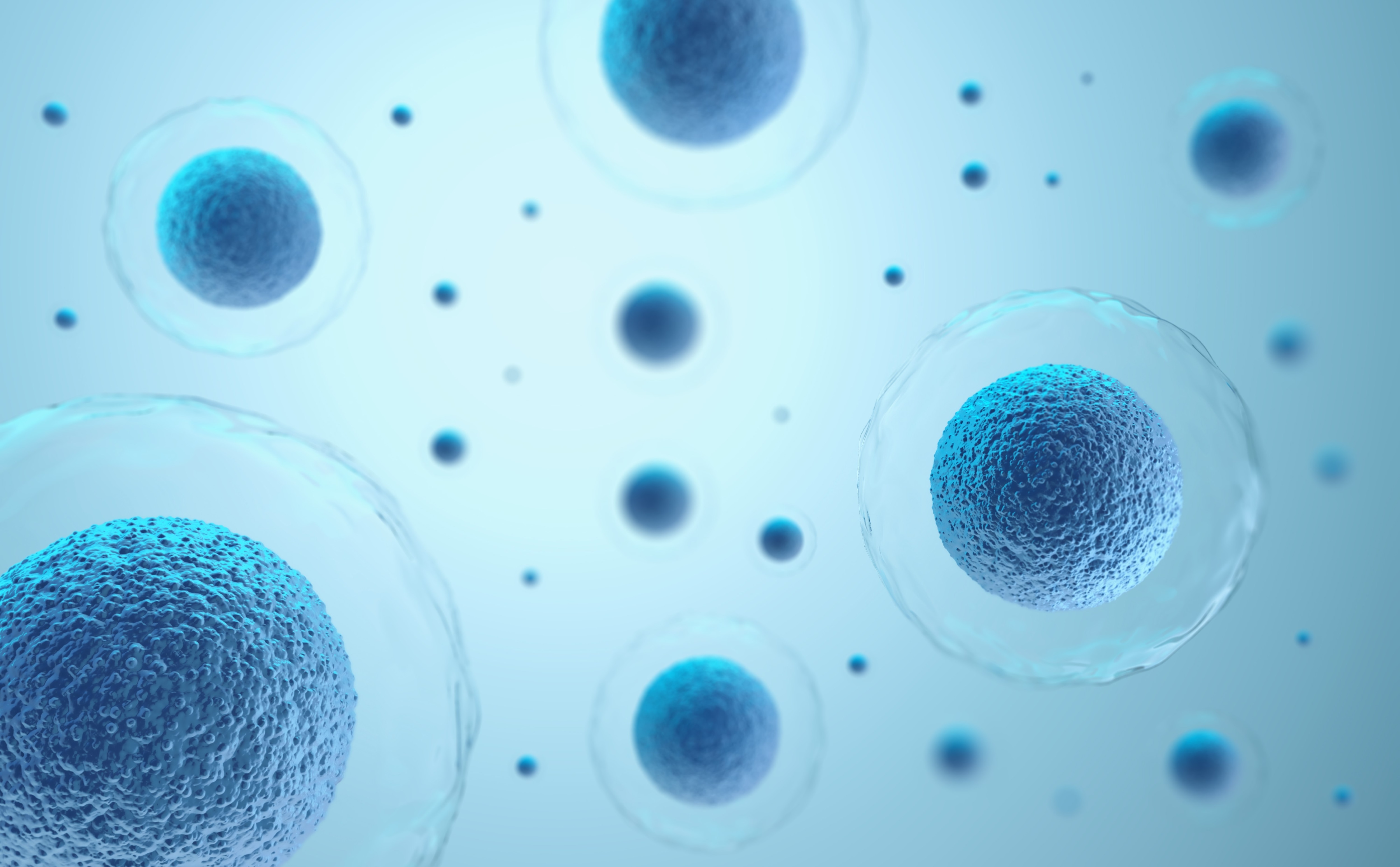 A digital illustration of multiple blue colored cells, representing human cells, suspended in a light blue environment.