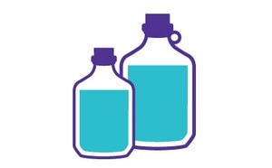 此示意图展示了一个溶剂瓶，下方带有&ldquo;溶剂和试剂&rdquo;标签。标签下方有一份溶剂和试剂产品清单：质谱级溶剂。