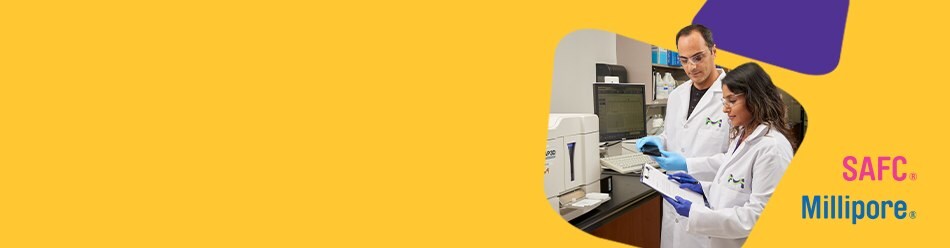 Two lab technicians in white lab coats are collaborating at a laboratory bench, one holding a clipboard and the other using a device. The background features various laboratory supplies and equipment, with a vibrant yellow and purple design framing the image.